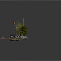 Urban Street Scene With Street Lamps Yellow Taxi Cars Trees And Cracked Pavement