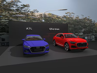 Blue A7L and Red Q5 e-tron Cars on Display with Trees and Street Lamp 3d model
