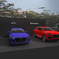 Blue A7L and Red Q5 e-tron Cars on Display with Trees and Street Lamp