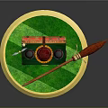 Open Red Decorative Box With Broom On Green Base With Golden Edge