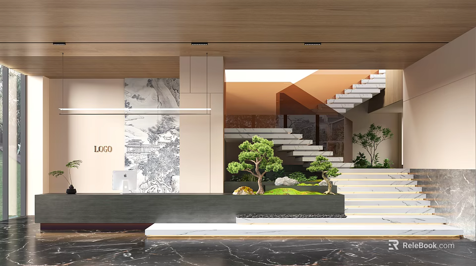 Front Desk Reception Featuring LOGO Ink Landscape Painting Staircase Bonsai Tree and Marble Floor 3d model 