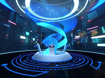 Futuristic Tech Exhibition Hall With Blue Glowing Spiral Structures Central White Platform And Digital Data Screens 3d model