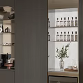 Modern Dark Wooden Sideboard with Open Shelves Coffee Maker Bottles Plant and Sculpture