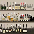 Various Wine Bottles and Glasses Neatly Arranged on Multiple Display Shelves