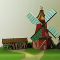 Cartoon Scene Featuring Red Windmill Blue Blades Wooden House Brown Roof Green Grass And Trees