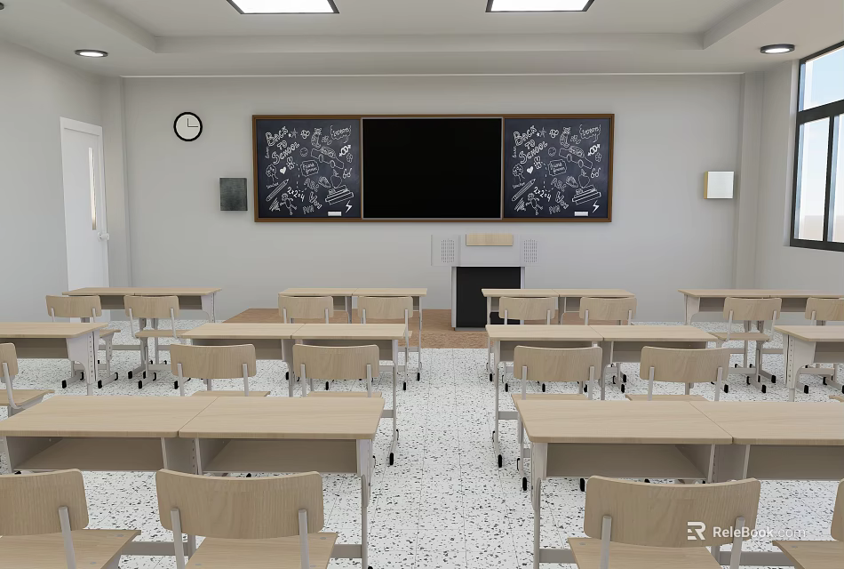 Spacious Classroom Interior With Desks Chairs Blackboards Clock And Ceiling Lights 3d model 