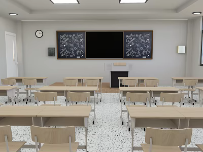 Spacious Classroom Interior With Desks Chairs Blackboards Clock And Ceiling Lights 3d model