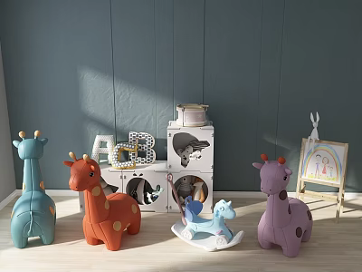 Cute Giraffe Stuffed Toys And Rocking Horse In Children's Playroom With Green Wall And Wooden Floor 3d model