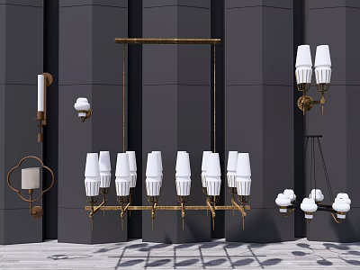 Elegant Modern Lighting Fixtures Combination With White Shades And Brass Frames Wall Hanging Design 3d model