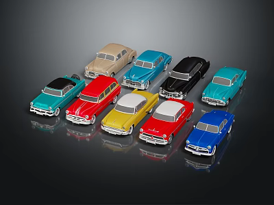 Vintage Toy Cars In Various Colors With Classic Designs Arranged On Black Background 3d model