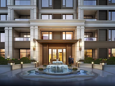 Grand Modern Entrance Gate With Central Fountain And Flanking Lanterns In Stone Building Facade 3d model