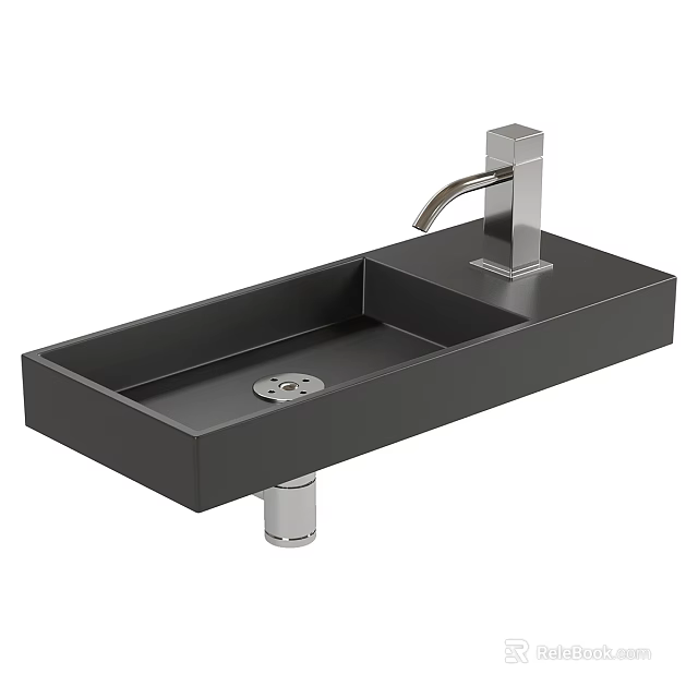 Sleek Black Rectangular Wash Basin with Chrome Faucet and Central Drain Modern Design 3d model 
