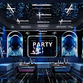 Modern KTV Interior With Blue Lighting LED Screen Stage And Tables 3d model