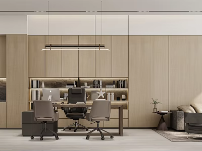 Modern Office Interior With Wooden Walls Desk Bookshelf Chairs Pendant Lights And Sofa 3d model