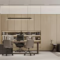 Modern Office Interior With Wooden Walls Desk Bookshelf Chairs Pendant Lights And Sofa