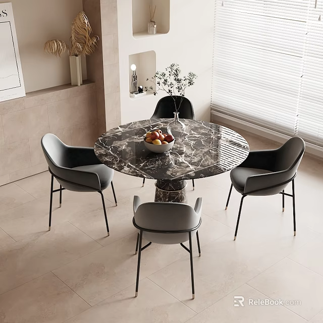 Modern Minimalist Marble Dining Table Set With Grey Chairs Fruit Bowl And Vase 3d model 