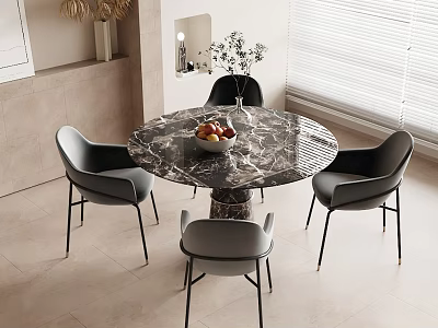 Modern Minimalist Marble Dining Table Set With Grey Chairs Fruit Bowl And Vase 3d model