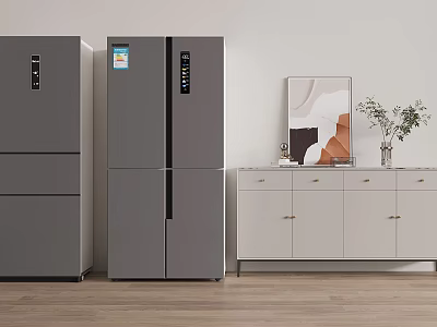 Two Gray Refrigerators in Modern Kitchen with White Cabinets Wall Art and Plant 3d model