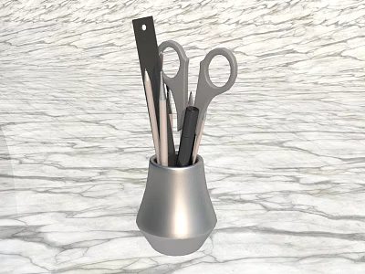 Silver Metallic Holder With Scissors And Kitchen Tools On Marble Countertop 3d model