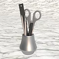 Silver Metallic Holder With Scissors And Kitchen Tools On Marble Countertop 3d model