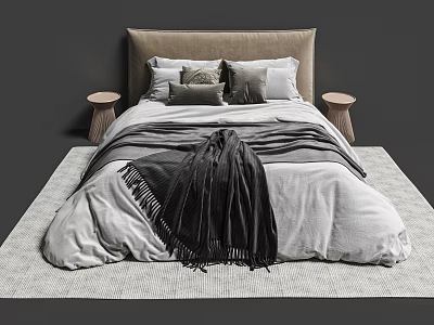 Double Bed Upholstered Headboard Gray Black Bedding Folded Blanket Round Wooden Nightstands on Gray Rug 3d model