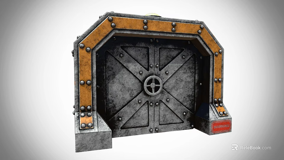 Industrial Metal Door With Orange Frame Rivets Crossed Bars Circular Center And Red Label 3d model 