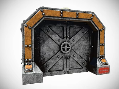 Industrial Metal Door With Orange Frame Rivets Crossed Bars Circular Center And Red Label 3d model