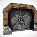 Industrial Metal Door With Orange Frame Rivets Crossed Bars Circular Center And Red Label