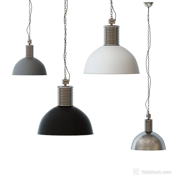 Four Minimalist Design Pendant Lights In Gray Black White Silver With Metal Base And Chain 3d model 