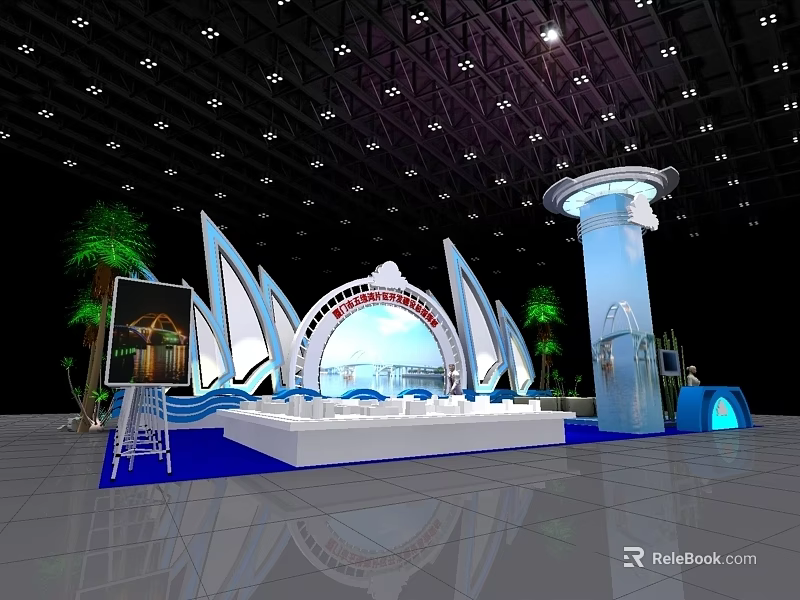 Modern Exhibition Reception Desk Design With White Counter Blue Decor Curved Structure And Green Plants 3d model 