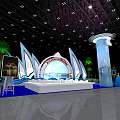 Modern Exhibition Reception Desk Design With White Counter Blue Decor Curved Structure And Green Plants