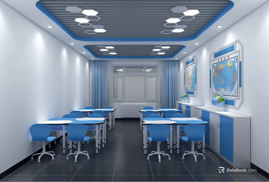 School Classroom Interior With Blue Desks Chairs And World Map 3d model