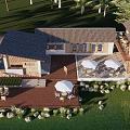 Tropical Boutique Villa Architecture with Palm Trees Wooden Roof and Waterfront Terrace