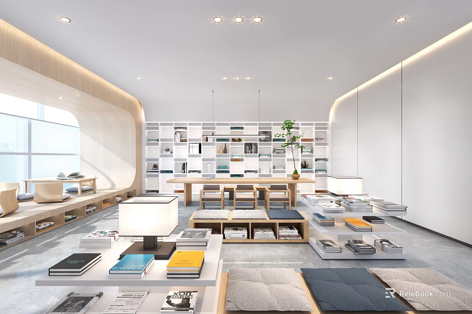 Modern Conference Room With Open Bookshelves Long Table Sofa Plants And Lighting 3d model 