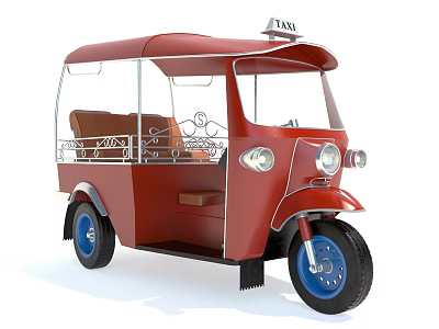 Red Vintage Tricycle Taxi With Open Roof And Blue Wheels 3d model