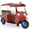 Red Vintage Tricycle Taxi With Open Roof And Blue Wheels