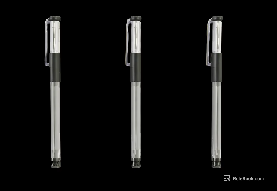 Three Stylish Pens with Silver and Black Body and Metal Clip on Black Background 3d model 