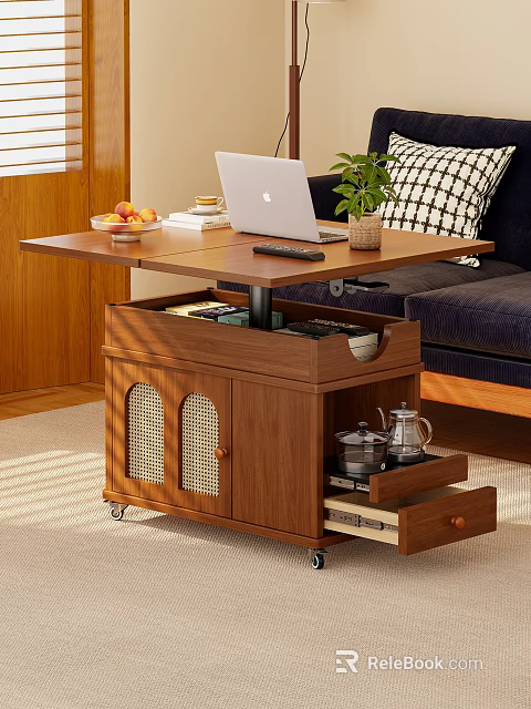 Multifunctional Wooden Lift Top Coffee Table With Rattan Doors And Large Storage For Living Room 3d model 