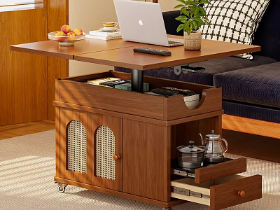 Multifunctional Wooden Lift Top Coffee Table With Rattan Doors And Large Storage For Living Room 3d model