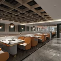 Modern Hotpot Restaurant Interior Design With Orange Seats Marble Floor And Hanging Lights