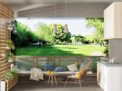Entertainment Room Interior Design With Cozy Seating Green Plants And Garden View Window 3d model