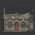 Historic Brick Building With Pitched Roof Red Door Arched Windows And Small Tree