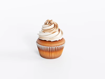 Delicious Cupcake With Creamy Frosting Brown Swirls In Brown Paper Liner On White Background 3d model