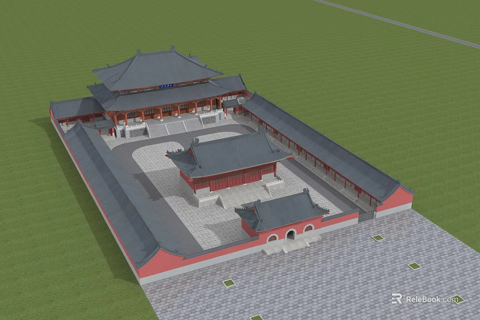 Traditional Chinese Ancient Architecture With Gray Tiled Roofs Red Walls And Courtyard Layout 3d model 