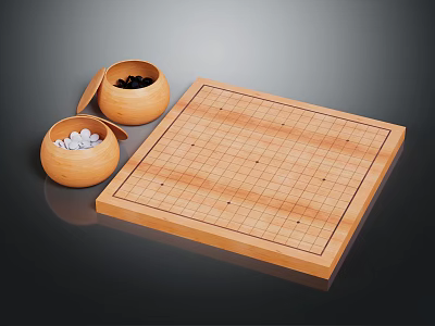 Wooden Go Board With Two Bowls Containing Black And White Stones 3d model