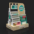 Retail Floor Display with Fresh Soy Milk Bottles and Cans on Wooden Multi Layer Shelf