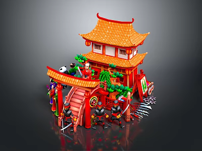 Cartoon Chinese Traditional Tower Scene With Red Roof Green Plants And Cartoon Figures 3d model