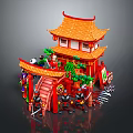 Cartoon Chinese Traditional Tower Scene With Red Roof Green Plants And Cartoon Figures