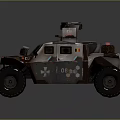 Armored Military Vehicle With Large Off Road Tires And Roof Mounted Equipment
