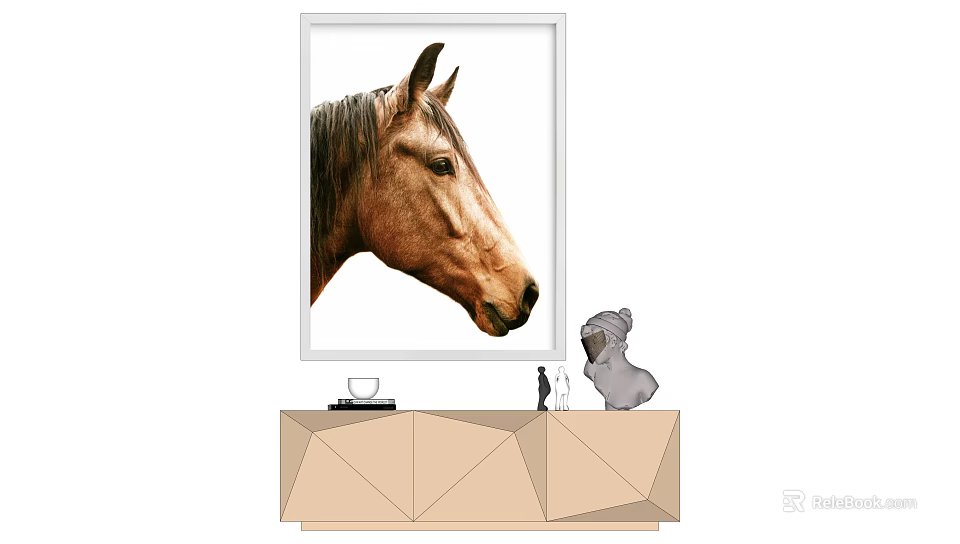 Animal Painting of Horse Head with Elegant Frame on Modern Cabinet with Dog Figurine 3d model 